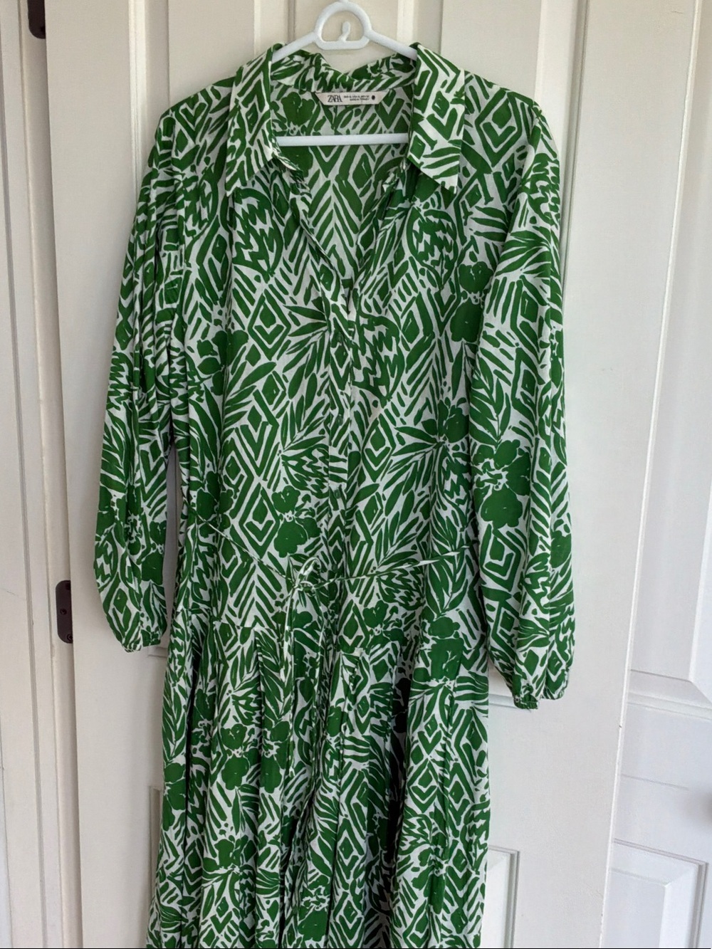 Zara Green & White Printed Long-Sleeve Maxi Dress XL